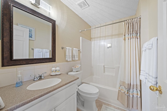 full bathroom featuring tasteful backsplash, toilet, tile walls, shower / tub combo, and a textured ceiling