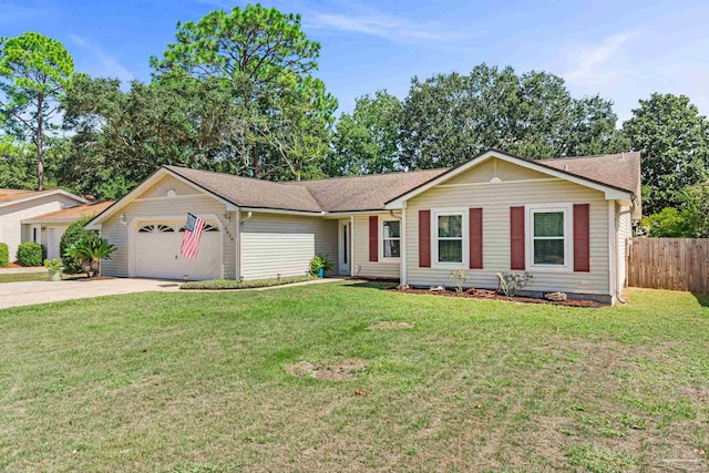 ranch-style house with a garage and a front yard