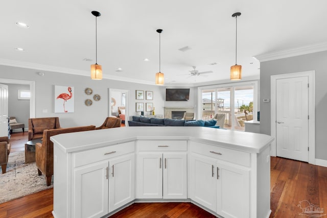 kitchen featuring crown molding, a kitchen island, dark wood-type flooring, and white cabinets