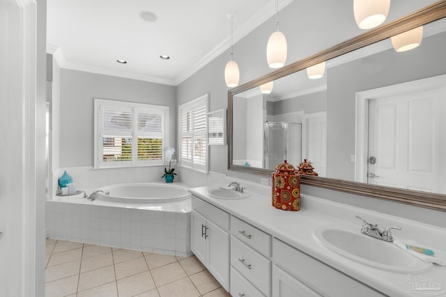 bathroom with tile patterned floors, ornamental molding, independent shower and bath, and vanity