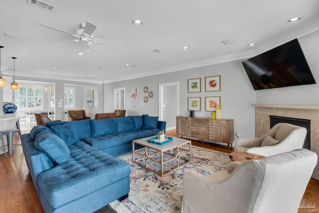 living room featuring ornamental molding, wood-type flooring, and a premium fireplace