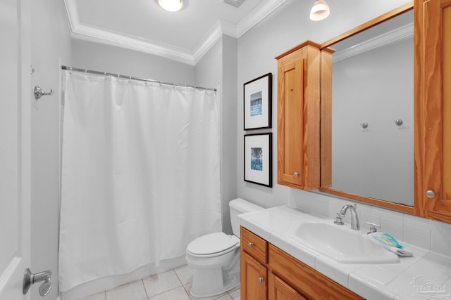 bathroom featuring tile patterned flooring, a shower with shower curtain, vanity, ornamental molding, and toilet