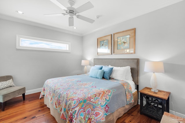 bedroom featuring crown molding, ceiling fan, and wood-type flooring