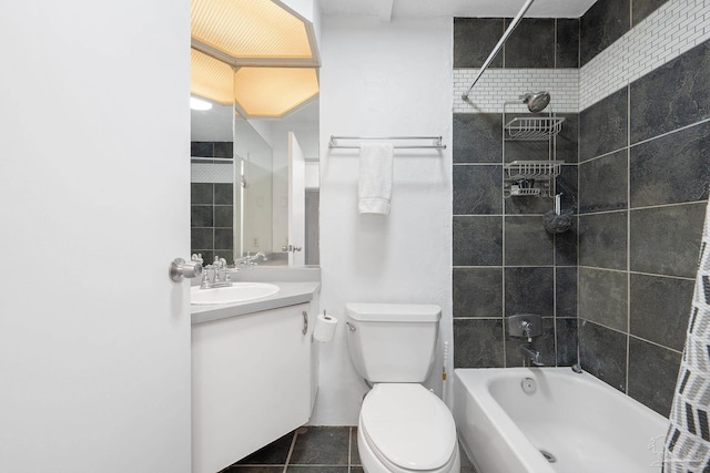 full bathroom featuring toilet, tile patterned flooring, shower / bath combination with curtain, and vanity