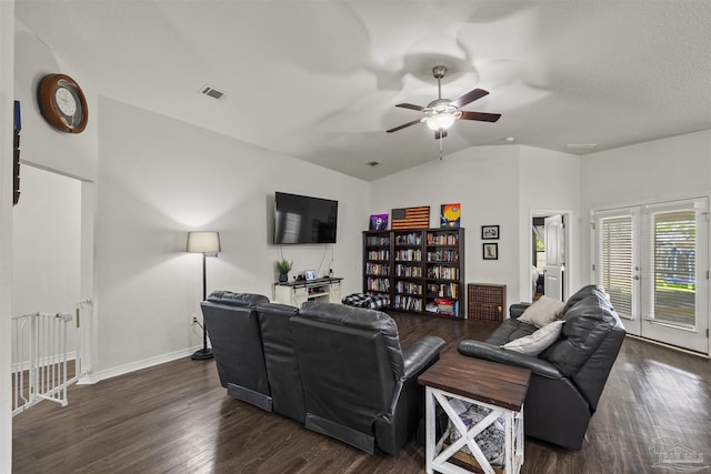 4327 Thistle Pine Ct, Pace, FL 32571 - living room with lofted ceiling, a ceiling fan, and dark wood finished floors