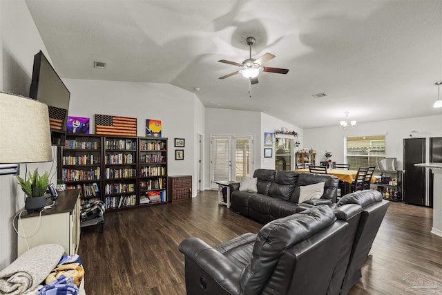 4327 Thistle Pine Ct, Pace, FL 32571 - living room with a ceiling fan, wood finished floors, vaulted ceiling, and a chandelier