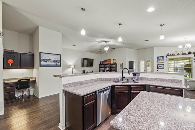 4327 Thistle Pine Ct, Pace, FL 32571 - kitchen with dishwasher, dark wood-type flooring, dark brown cabinetry, hanging light fixtures, and vaulted ceiling