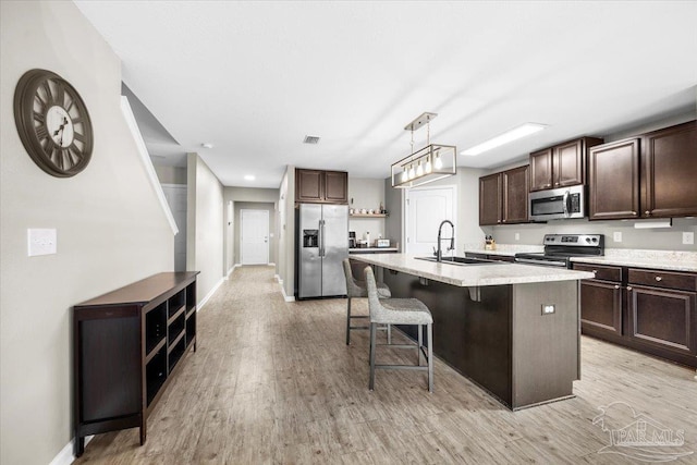 kitchen featuring dark brown cabinetry, a breakfast bar, sink, stainless steel appliances, and a kitchen island with sink