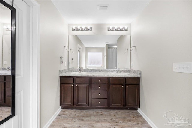 bathroom with hardwood / wood-style flooring and vanity