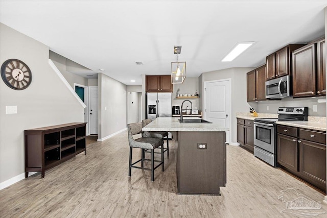 kitchen with sink, decorative light fixtures, stainless steel appliances, and a center island with sink