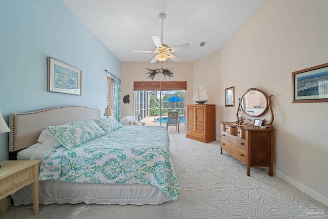 bedroom with access to outside, light colored carpet, and ceiling fan