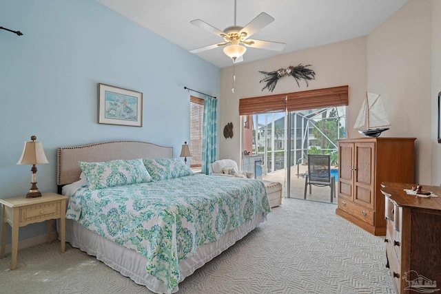 bedroom featuring ceiling fan, light colored carpet, and access to outside