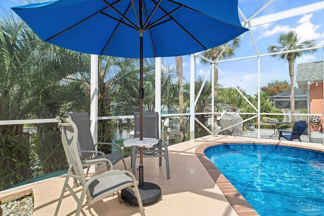 view of swimming pool with a lanai and a patio area