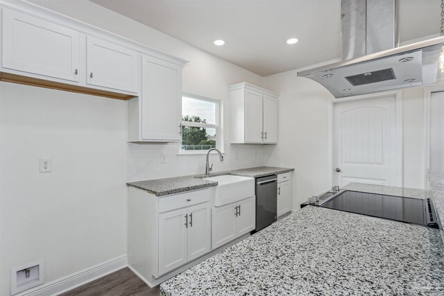 kitchen with white cabinetry, tasteful backsplash, dishwasher, light stone counters, and dark hardwood / wood-style floors