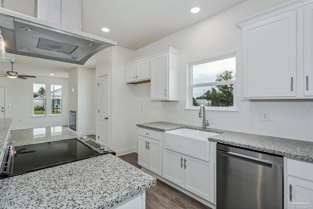 kitchen with white cabinets, dark wood-type flooring, ceiling fan, stainless steel dishwasher, and sink