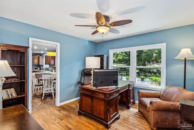 office area featuring light hardwood / wood-style floors and ceiling fan