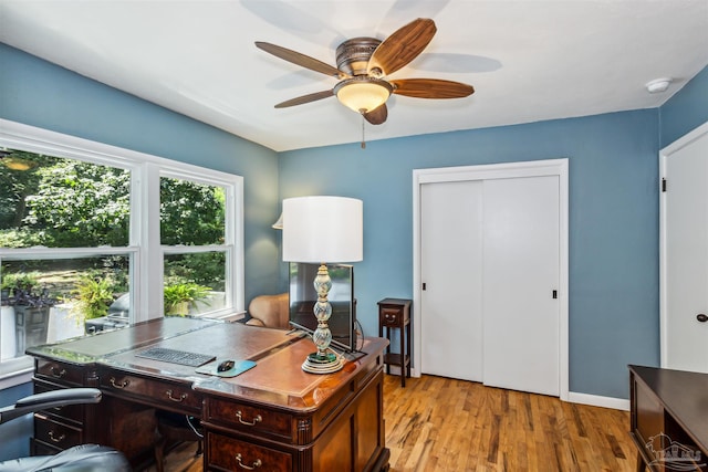 office space with ceiling fan and light wood-type flooring