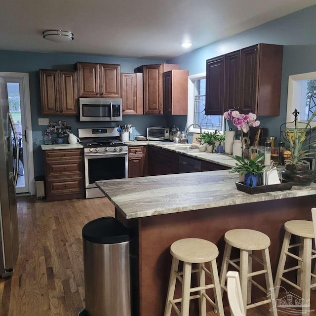 kitchen with a kitchen breakfast bar, kitchen peninsula, stainless steel appliances, and a wealth of natural light