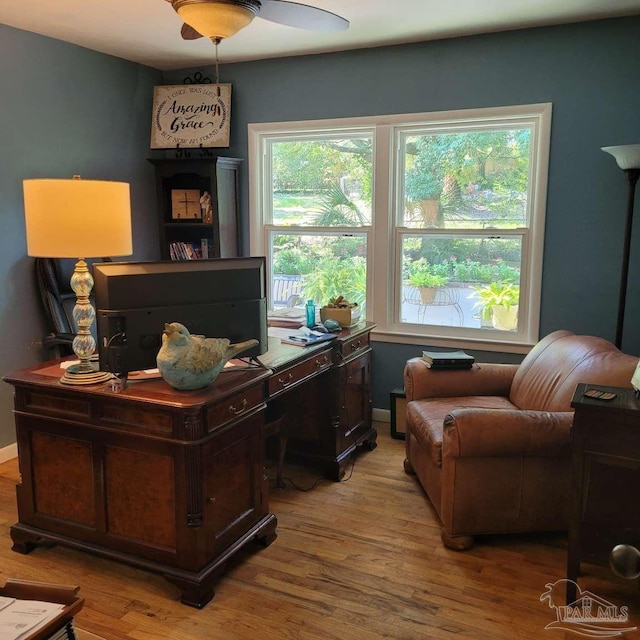 office space with ceiling fan and light hardwood / wood-style floors