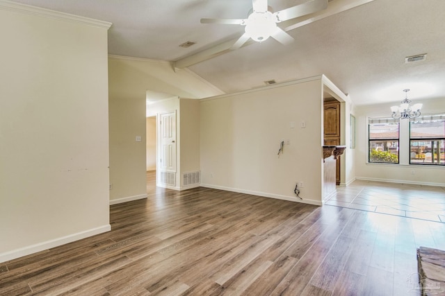 unfurnished room featuring crown molding, ceiling fan with notable chandelier, wood-type flooring, and lofted ceiling with beams