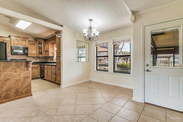 kitchen featuring decorative light fixtures, wine cooler, backsplash, ornamental molding, and black appliances