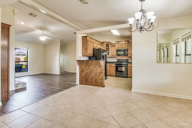 kitchen with lofted ceiling with beams, ornamental molding, ceiling fan with notable chandelier, and black appliances