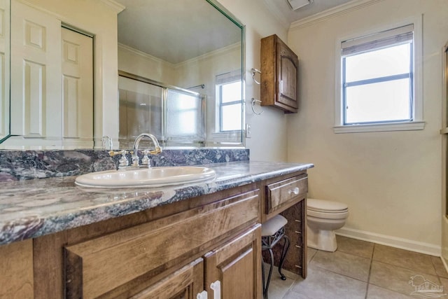 bathroom featuring walk in shower, tile patterned floors, toilet, ornamental molding, and vanity