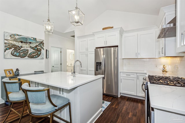 kitchen with dark wood-type flooring, white cabinetry, stainless steel appliances, and sink