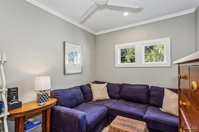 living room featuring crown molding and ceiling fan