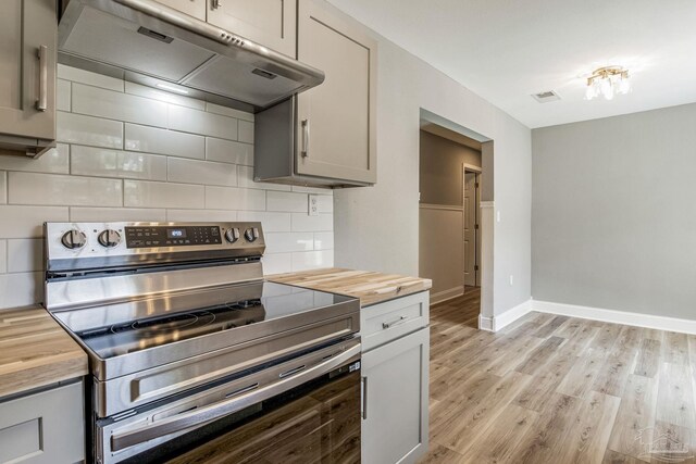 kitchen with light hardwood / wood-style flooring, tasteful backsplash, gray cabinetry, stainless steel range with electric cooktop, and wood counters