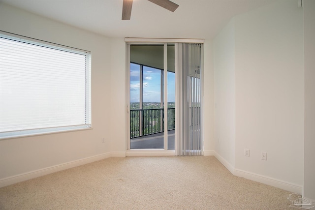 empty room featuring carpet flooring and ceiling fan