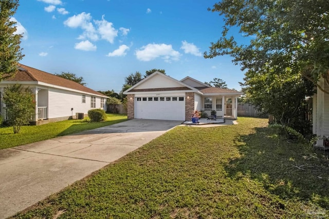 ranch-style home featuring a garage, a porch, a front yard, and cooling unit