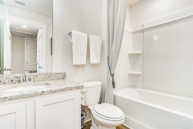 full bathroom featuring vanity, shower / tub combo, toilet, and hardwood / wood-style flooring