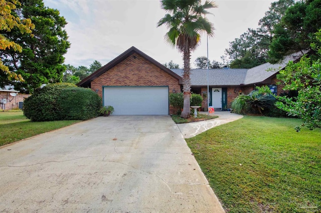 ranch-style house with a front yard and a garage