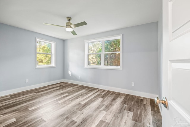 spare room with ceiling fan and light wood-type flooring