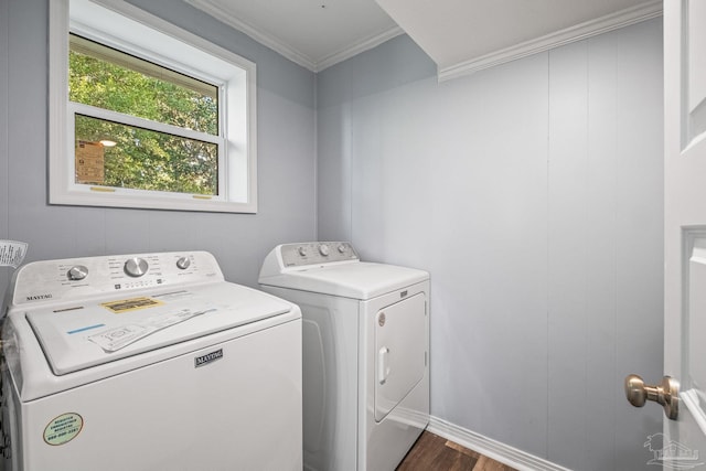 washroom featuring crown molding, dark wood-type flooring, and washing machine and clothes dryer