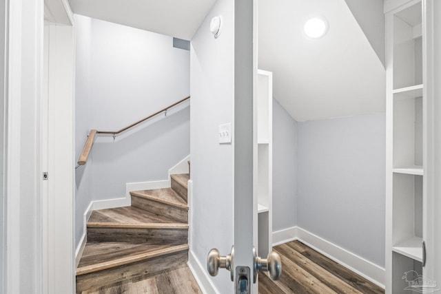 staircase with wood-type flooring