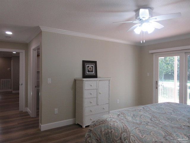 bedroom featuring ornamental molding, ceiling fan, dark hardwood / wood-style floors, and access to outside