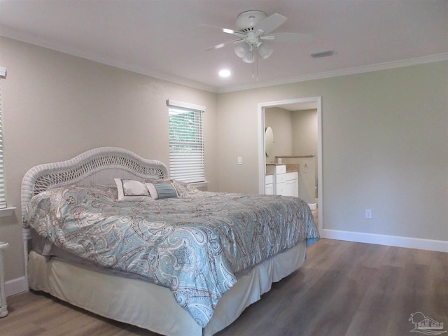 bedroom with ceiling fan, hardwood / wood-style flooring, ensuite bath, and ornamental molding