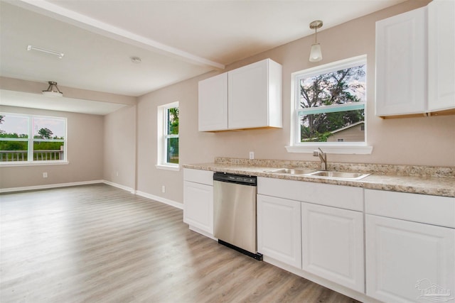 2511 Green Village Rd, Walnut Hill, FL 32568 - kitchen with a sink, white cabinetry, light wood-style floors, and stainless steel dishwasher