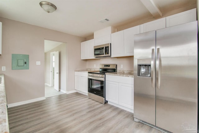 2511 Green Village Rd, Walnut Hill, FL 32568 - kitchen with visible vents, light wood-style flooring, electric panel, appliances with stainless steel finishes, and white cabinetry