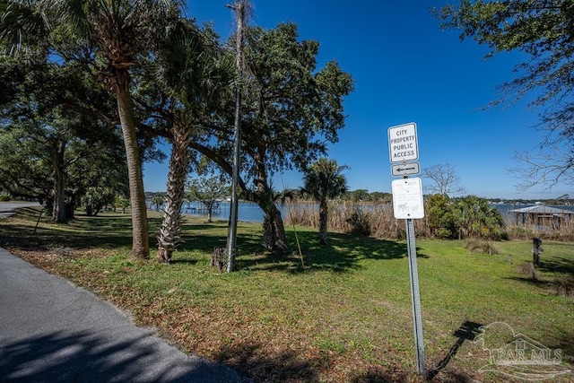 view of home's community with a water view and a lawn