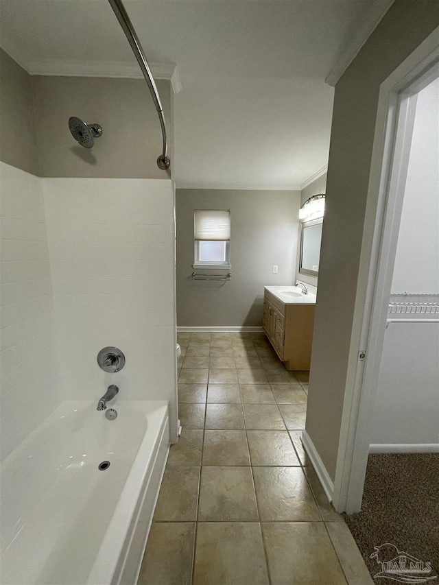 full bathroom featuring ornamental molding, shower / bath combination, vanity, tile patterned floors, and baseboards