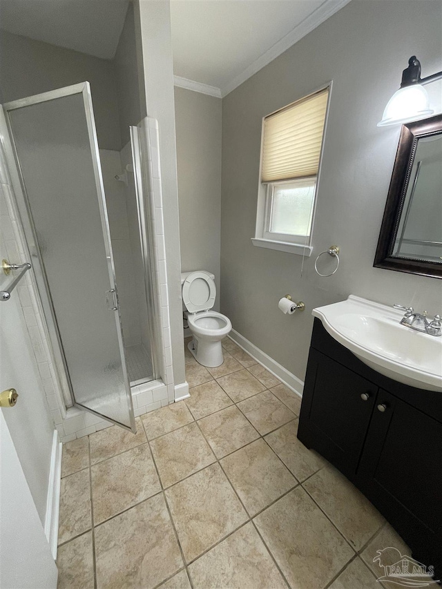 full bath with crown molding, a shower stall, baseboards, toilet, and tile patterned floors