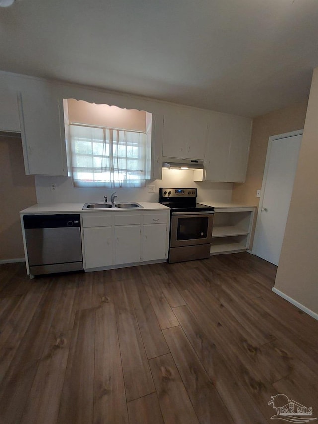 kitchen featuring white cabinetry, appliances with stainless steel finishes, dark hardwood / wood-style floors, and sink