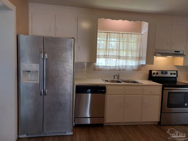 kitchen featuring appliances with stainless steel finishes, sink, white cabinets, and dark hardwood / wood-style flooring