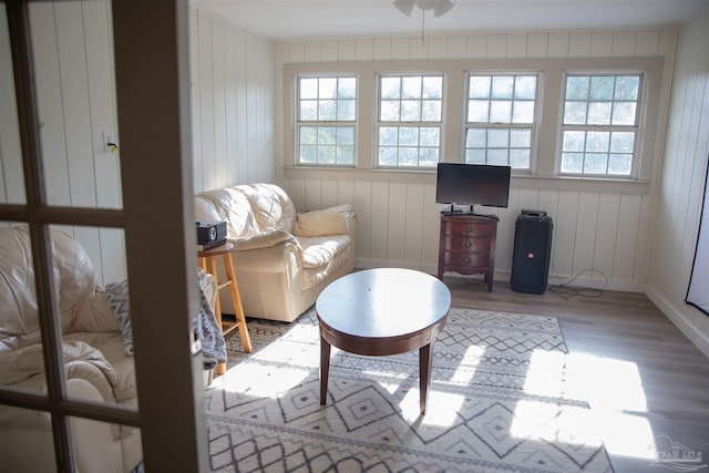 sitting room featuring wood walls, a healthy amount of sunlight, and hardwood / wood-style floors