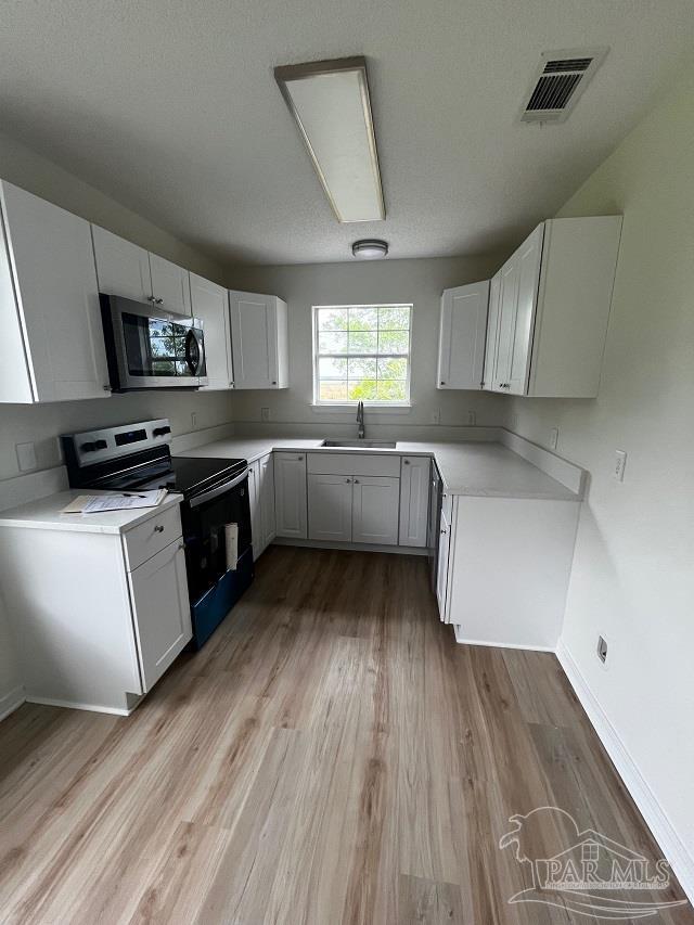 1984 Hillary Thompson Rd, Milton, FL 32570 - kitchen featuring stainless steel microwave, a sink, range with electric stovetop, light wood-style flooring, and light countertops