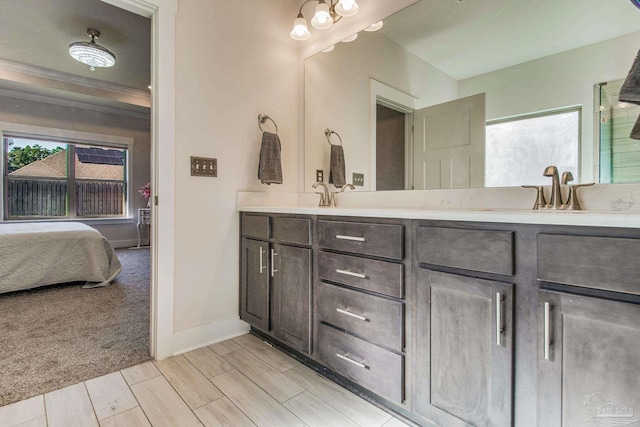 bathroom with vanity, hardwood / wood-style flooring, and crown molding