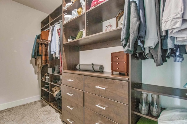 walk in closet with light colored carpet